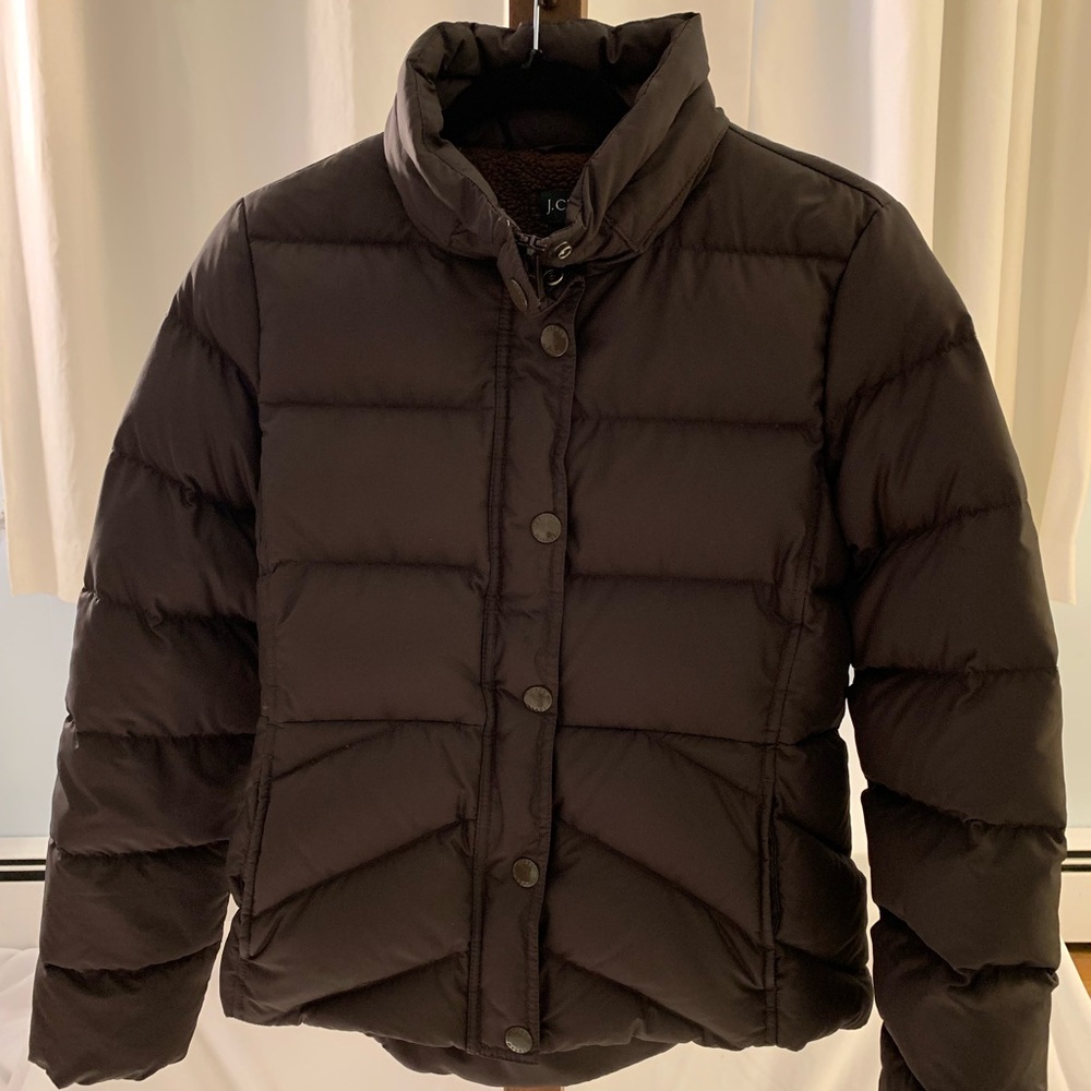 JCrew puffer jacket dark brown full zip fleece lined with hood Women’s Medium